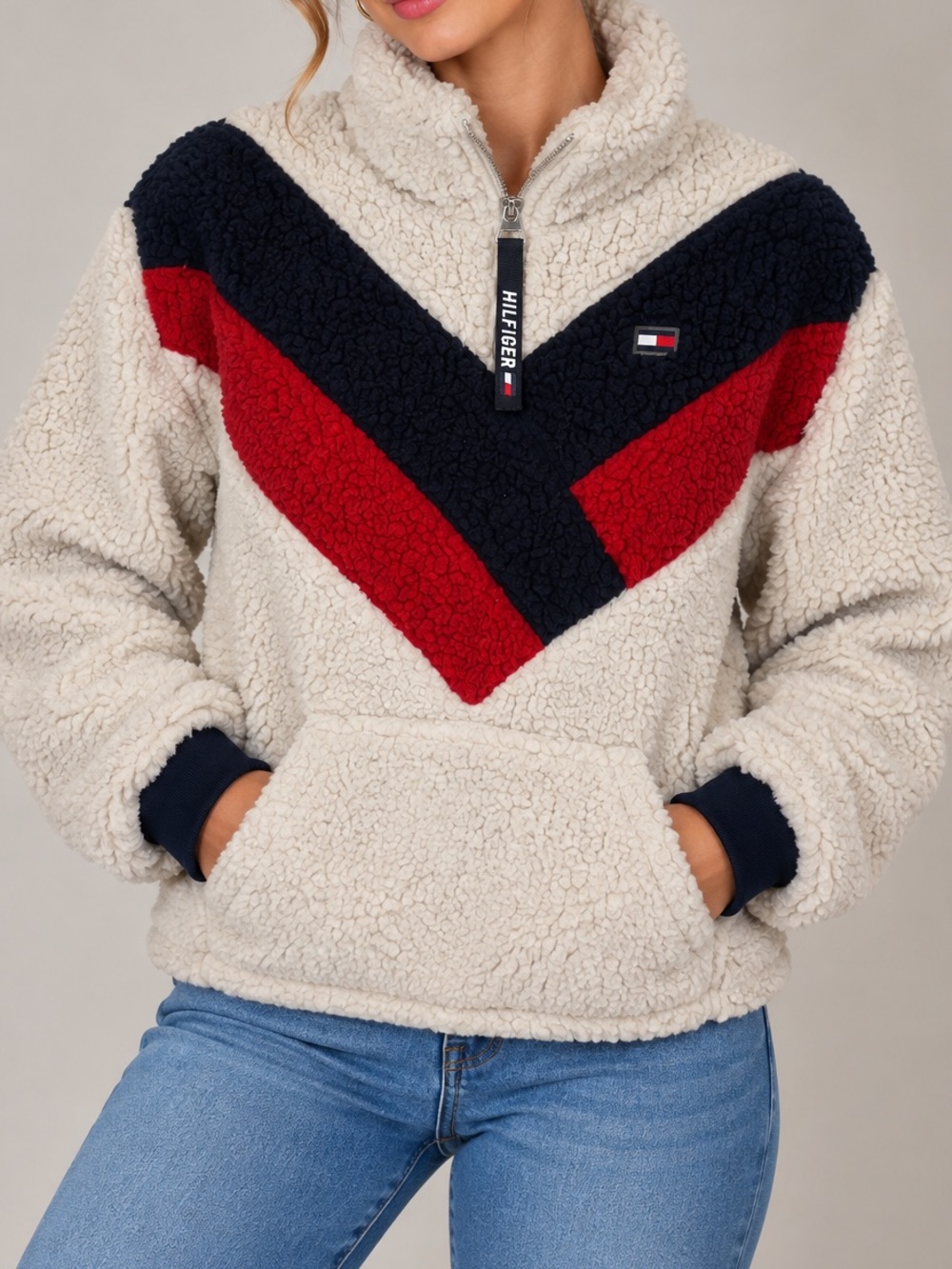 Tommy Hilfiger Sport Cream Sherpa Fleece 1/4 Zip Pullover Sweatshirt (Medium)